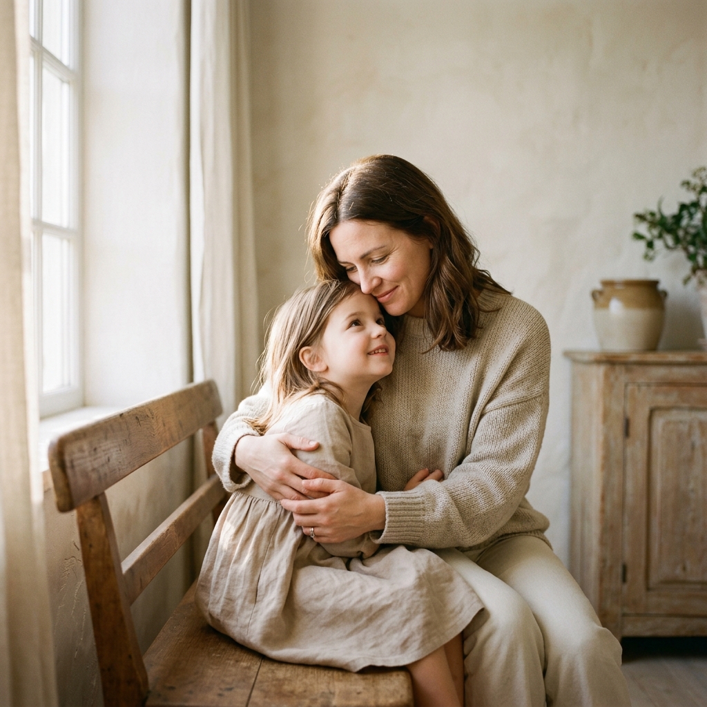 Mother and child in minimalist interior