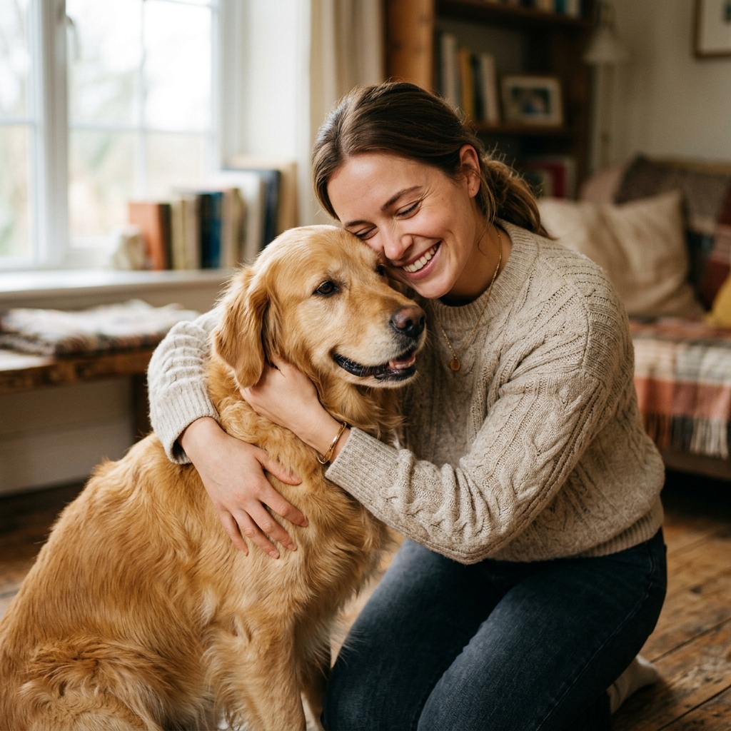 Man hugging retriever dog